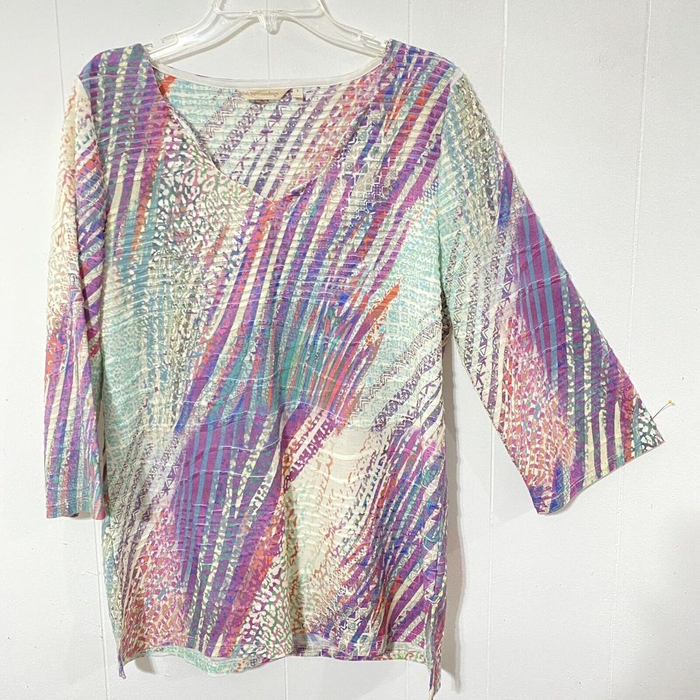 Soft Surroundings Colorful Tunic Blouse Size S Jersey Knit Top TEXTURED
